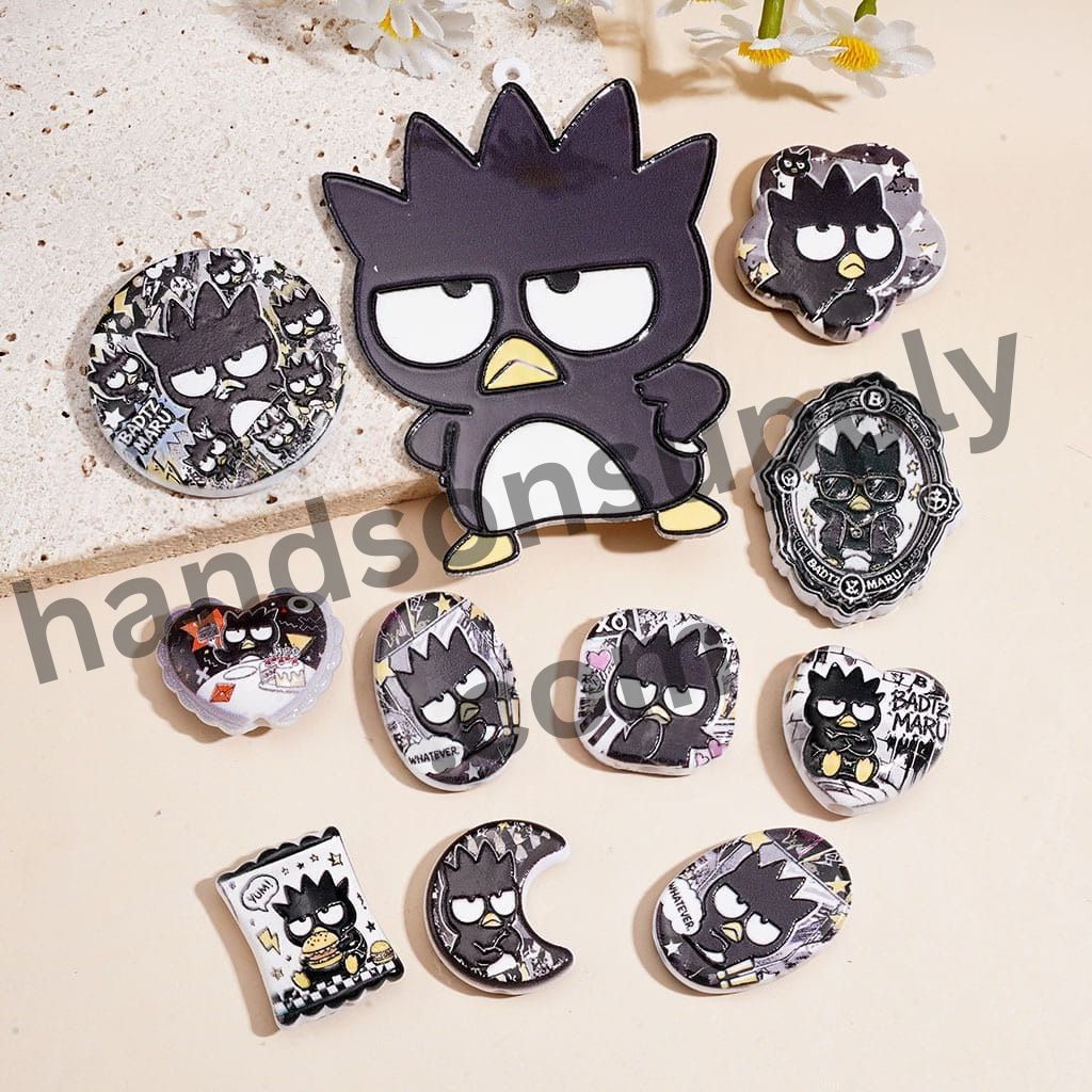 Cute Black Grumpy Cartoon Bird Acrylic Charm Pendants, Various Shapes, Random Mix
