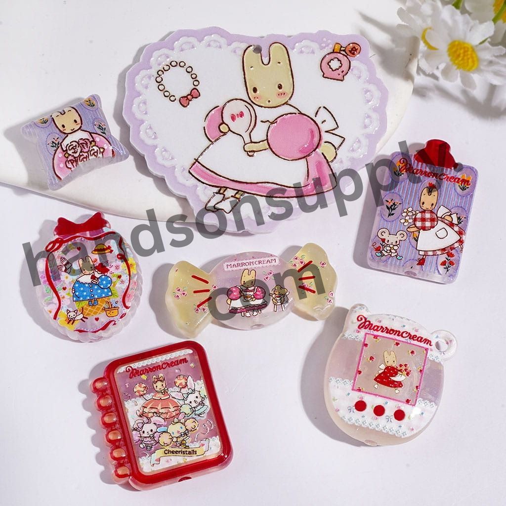Marron Cream Jasmine Bunny in Adorable Character Printed Acrylic Beads & Pendants, Assorted Shapes, Random Mix