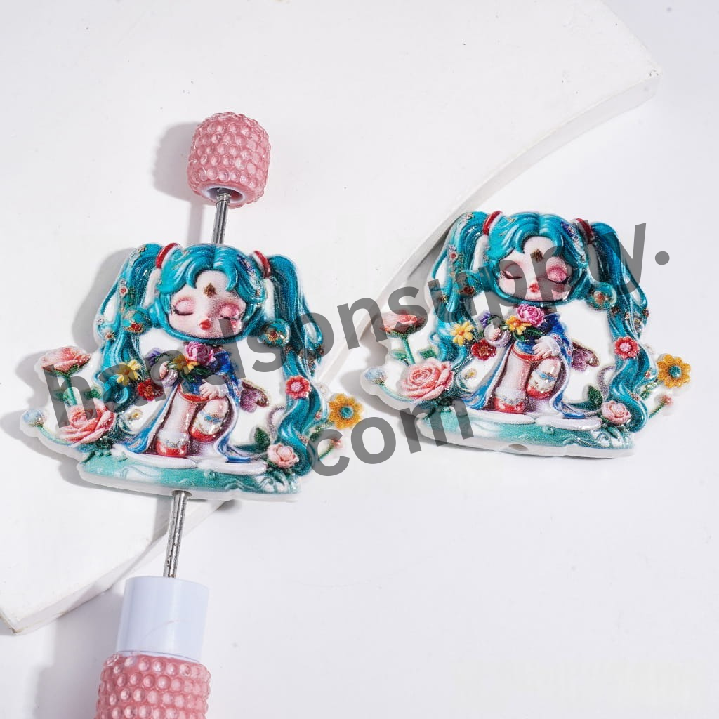 Blue & Green Gothic Girl Doll Acrylic Beads for DIY Jewelry, 37 × 47mm
