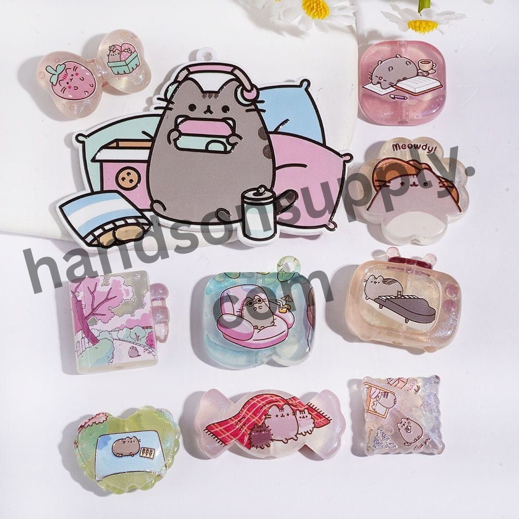 Cute Chubby Tabby Cat Character Lazy Life Series Printed Acrylic Beads & Pendants, Assorted Shapes, Random Mix
