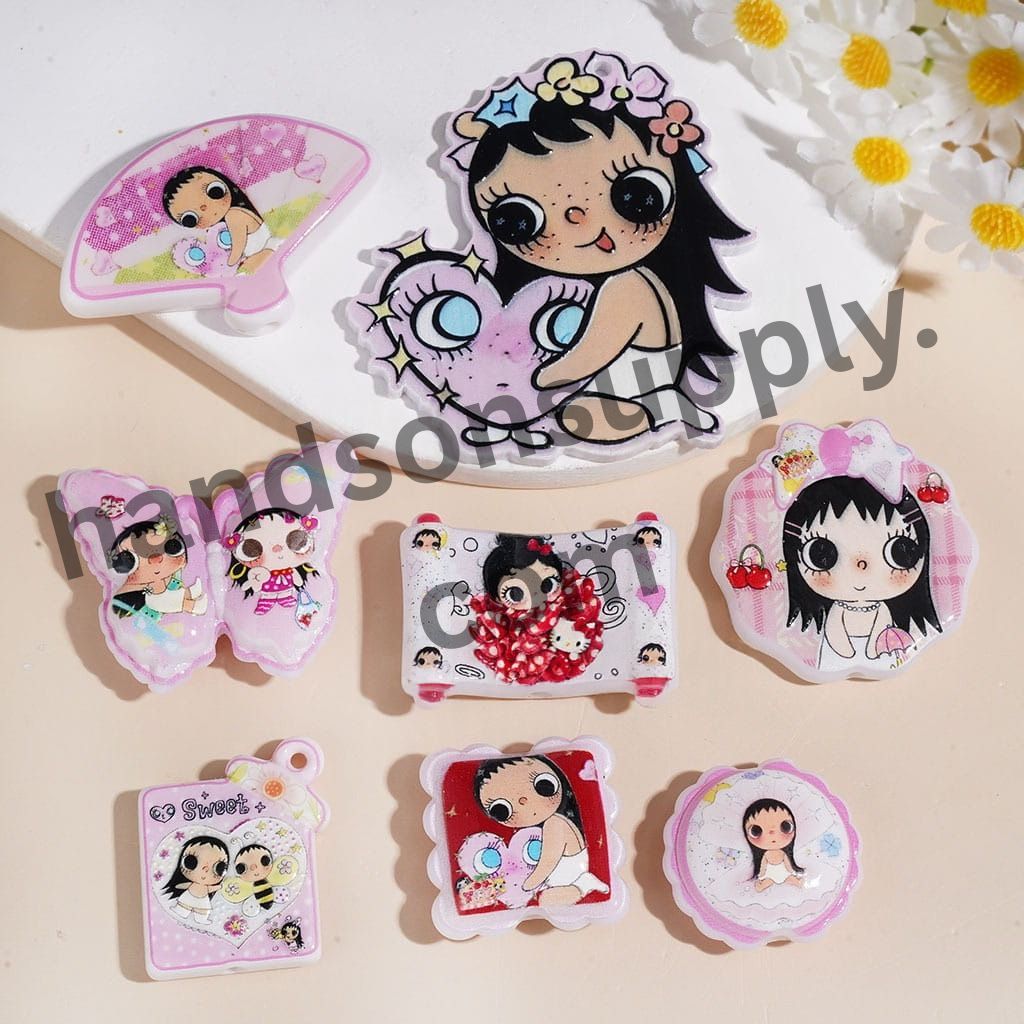 Cute Big-Eyed Girl & Fantasy Creature Character Series Printed Acrylic Beads & Pendants, Assorted Shapes, Random Mix