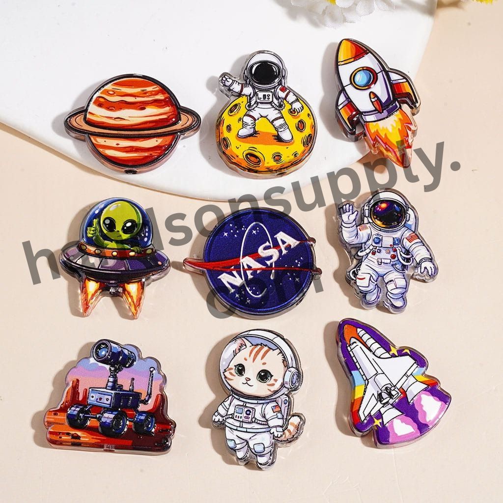 Space Adventure Astronaut, Rocket, Planet, Alien & Space Shuttle Acrylic Beads, Various Shapes, Random Mix