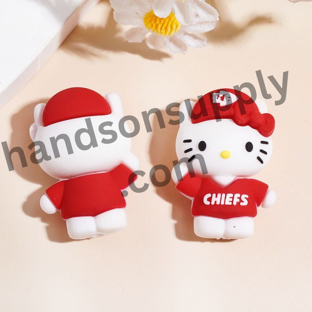 Cute Cat Character Wearing KC Chiefs Football Cap & Jersey Sports Theme Silicone Focal Bead, Height 30MM