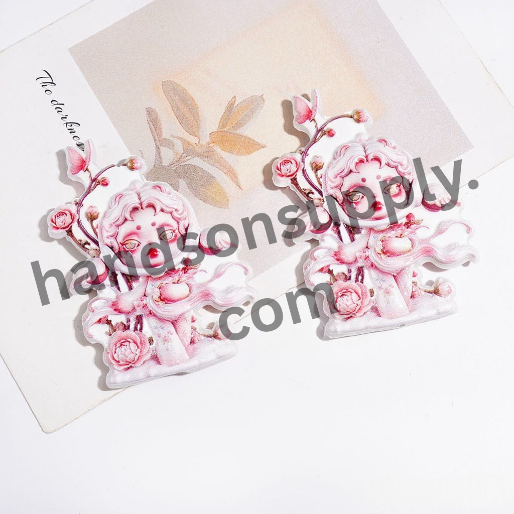 Elegant Pink Baby Doll Acrylic Bead, Peony Flower Vine Design, 63×44mm