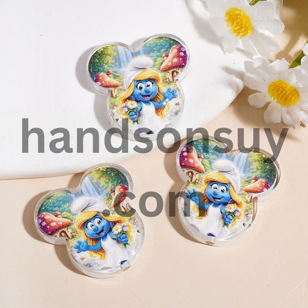 Blue Cartoon Girl Character Printed Mouse Head Shapes Acrylic Beads, 24*24MM, Random Mix