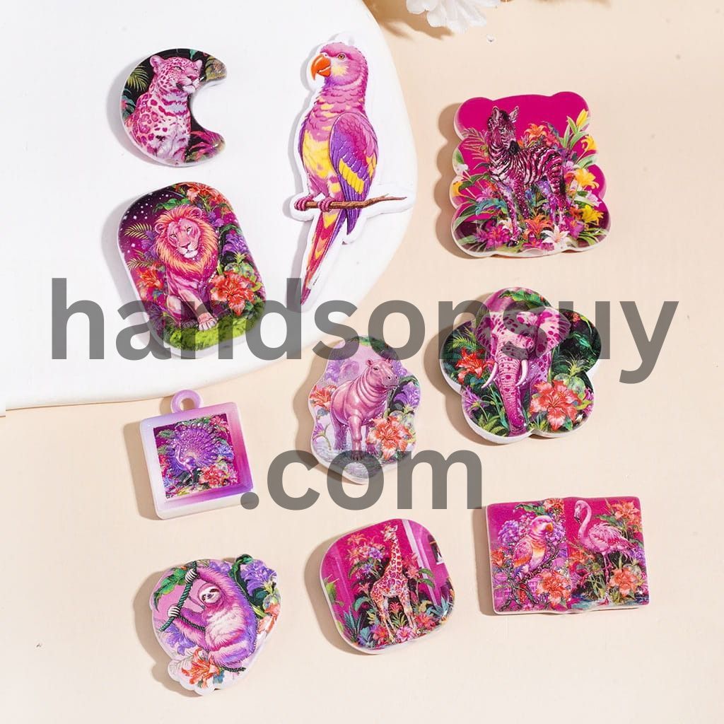 Wild Animal Theme Acrylic Beads Pendants Featuring Birds, Sloth, Elephant, Leopard, Lion, Peacock & Zebra, Assorted Shapes, Multi Colors Random Mix