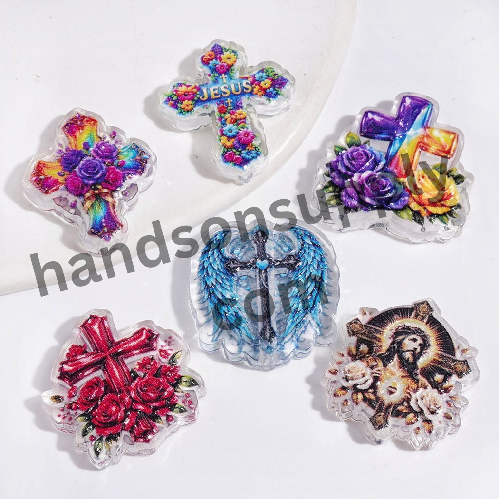 Christian Cross, Jesus and Floral Wing Design Semi-Clear Acrylic Beads, Random Mix