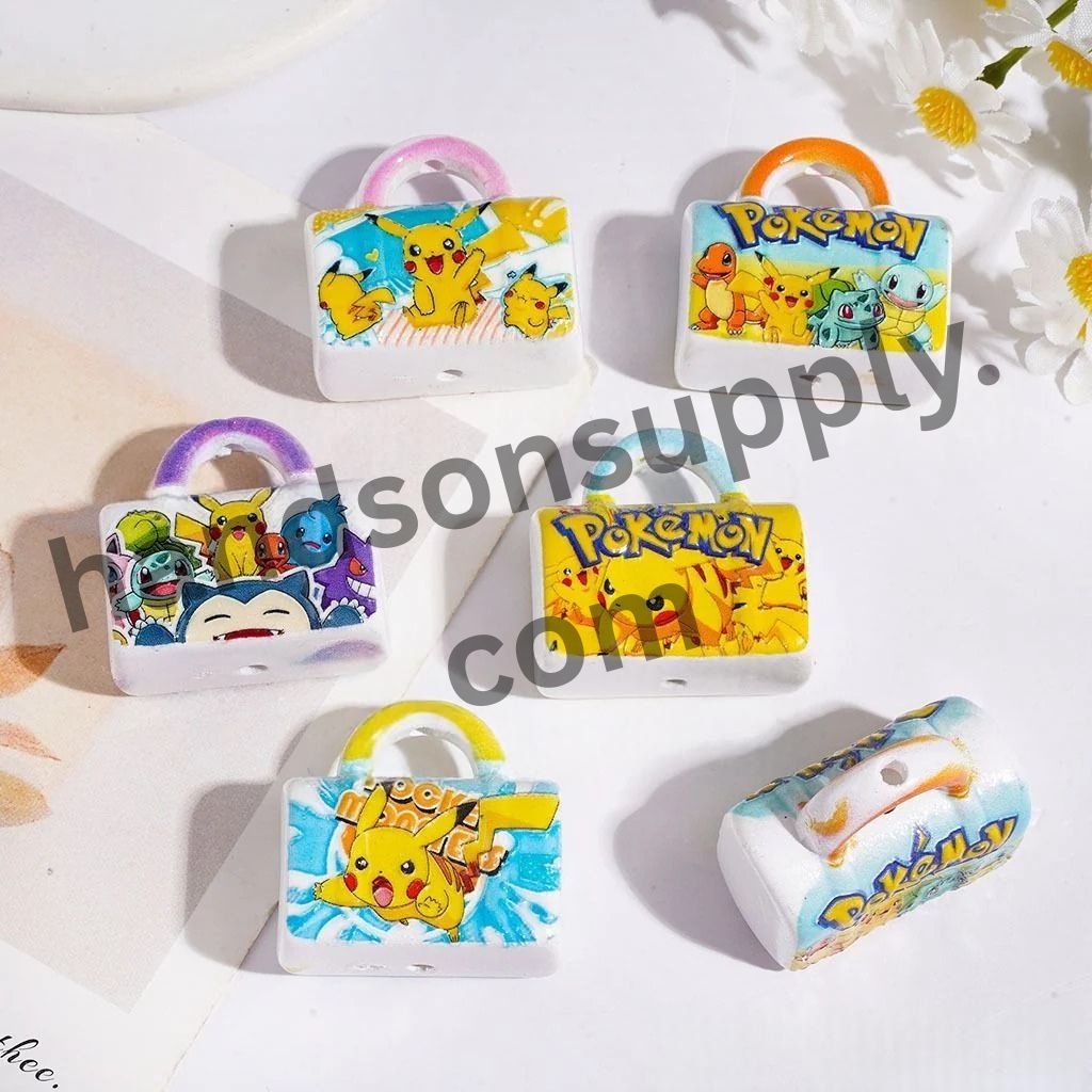 Playful Yellow Monster & Friends Cartoon Character Designs Printed Handbag Acrylic Beads, 29*30MM, Random Mix