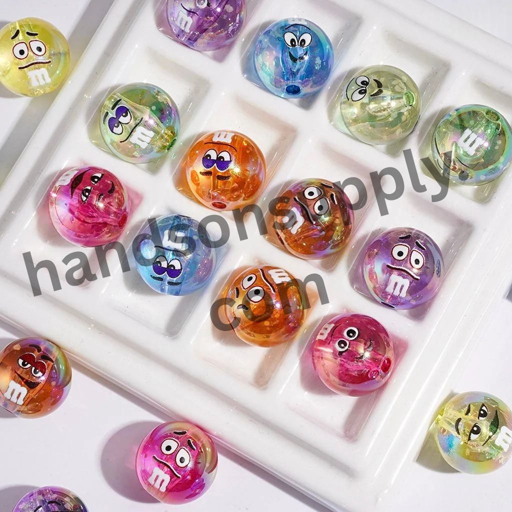 UV-Coated Cheerful Candy Chip Emoji Face Printed Round Acrylic Beads for Bracelets, 16MM, Random Mix