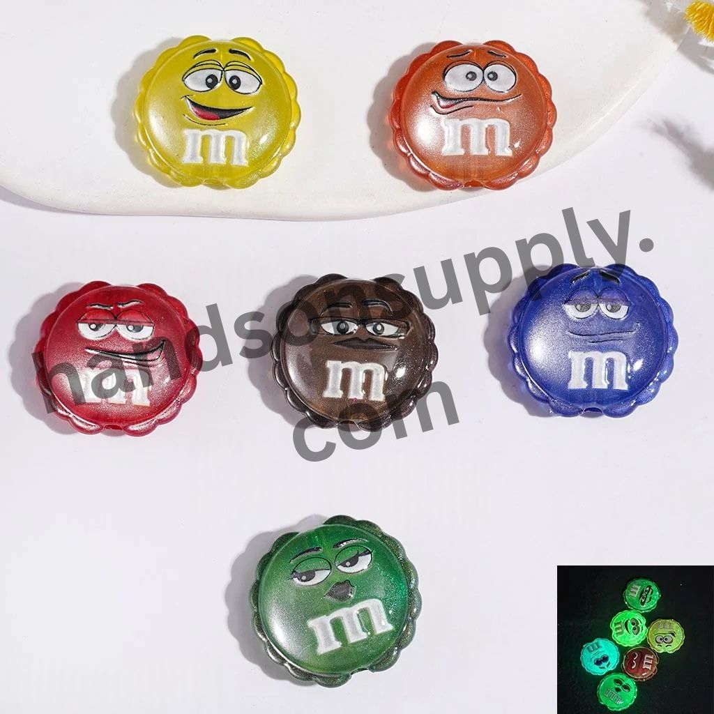 Luminous Cute Sweet Candy Chip with Various Facial Expressions, Wavy Edged Flat Round Shape Acrylic Beads, 25*23MM, Random Mix Multi-Color
