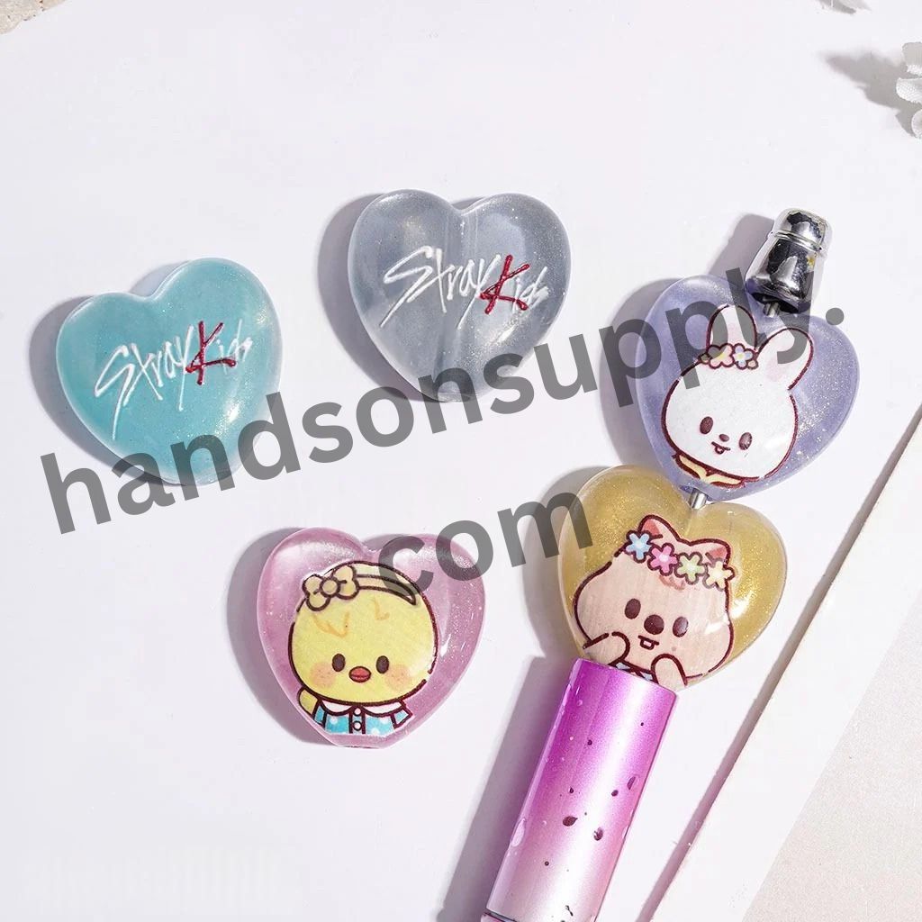 Korean Boy Group Cartoon Style Portrait Glittery Heart Shaped Acrylic Beads, 24*23MM Random Mix