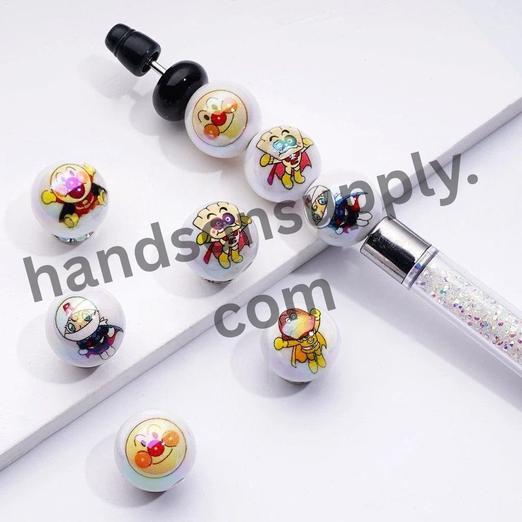 Cute Anpanma Anime White Round UV Coating Acrylic Beads, 16MM, Random Mix