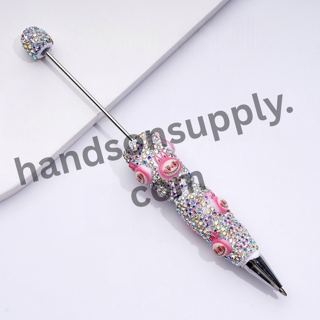 Cute Girl Character White Beadable Clay Pens with Sparkling Full-Coverage AB Rhinestones
