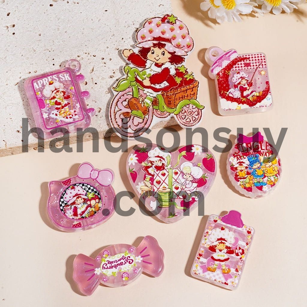Cute Strawberry Girl Theme Printed Acrylic Beads Pendants, Assorted Shapes, Multi Colors Random Mix
