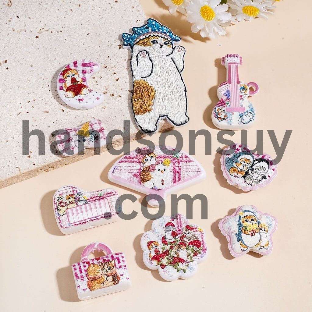 Cute Cozy Cat Winter Theme in Pink Series Glossy Printed Acrylic Beads Pendants, Assorted Shapes, Multi Colors Random Mix