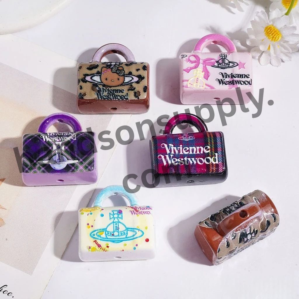 Charming Vintage Style Print Handbag-Shaped Acrylic Beads, 29*30MM, Random Mix
