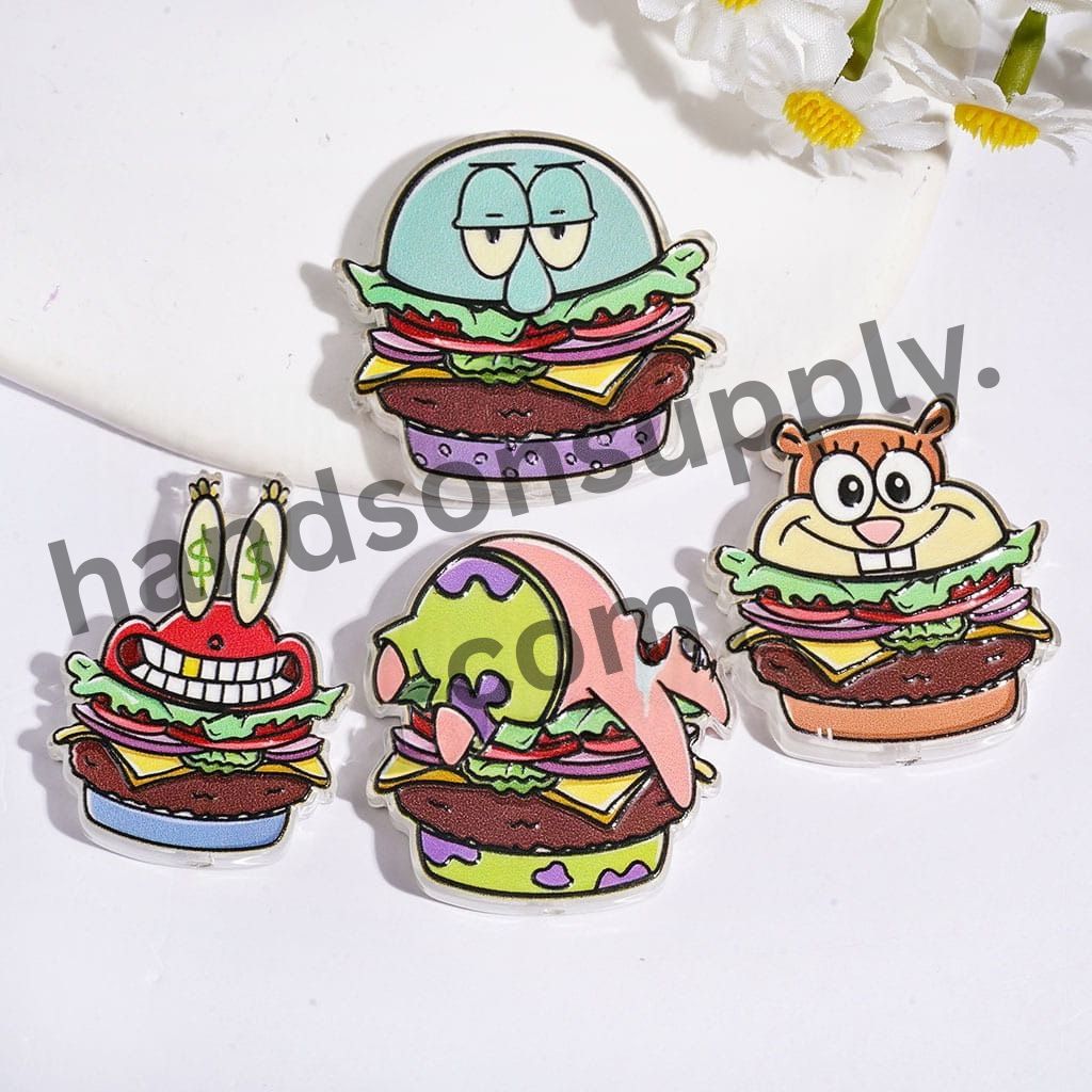 Cute Cartoon Crab Boss Octopus Squirrel Starfish Character Hamburger Shape Food Theme, Acrylic Beads, Various Styles, Random Mix