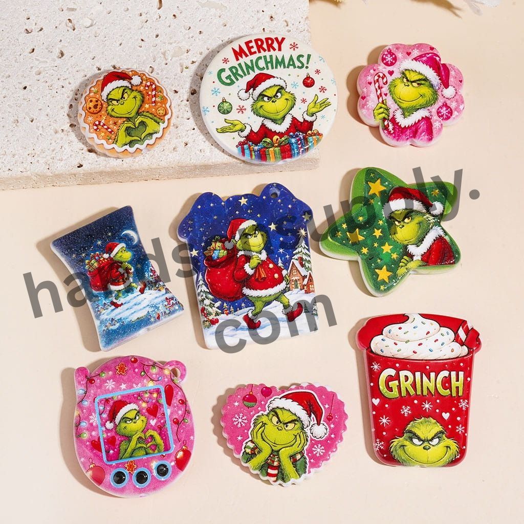 Christmas Theme Green Grinch Character with Santa Hat Acrylic Beads Pendants, Assorted Designs, Random Mix