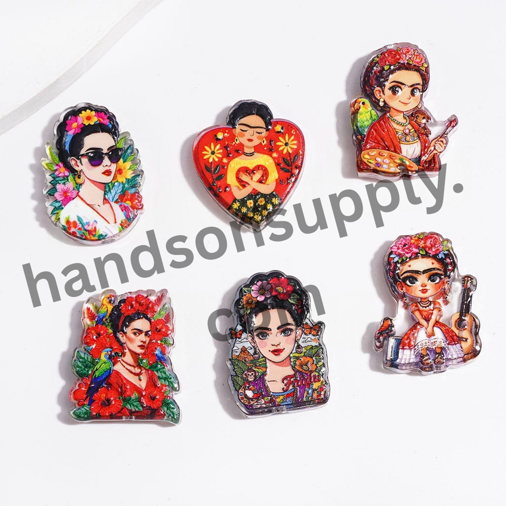 Floral Frida Portrait Design Semi-Clear Acrylic Beads, Oil Painting Style, Random Mix