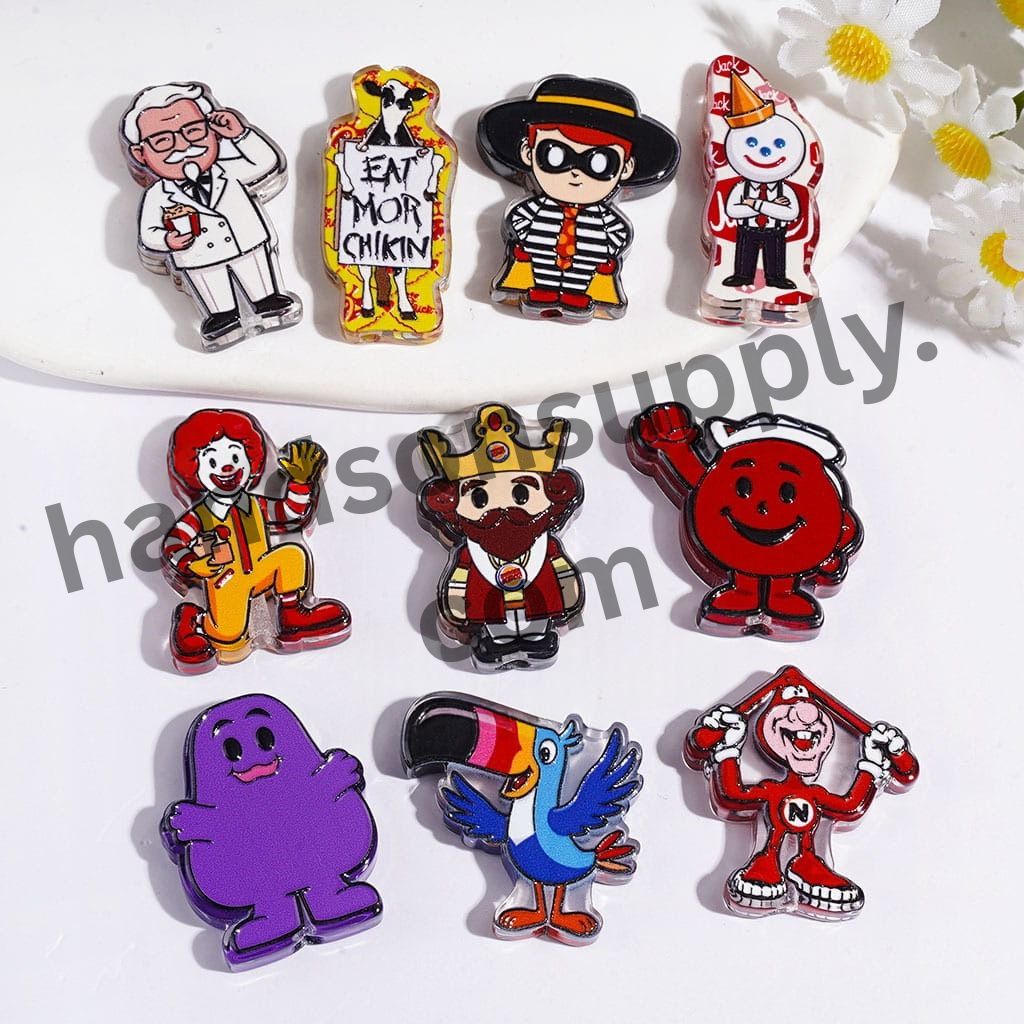 Cute Fast Food Cartoon Character Print Semi-Clear Acrylic Beads, Colorful Food-Themed Designs, Random Mix