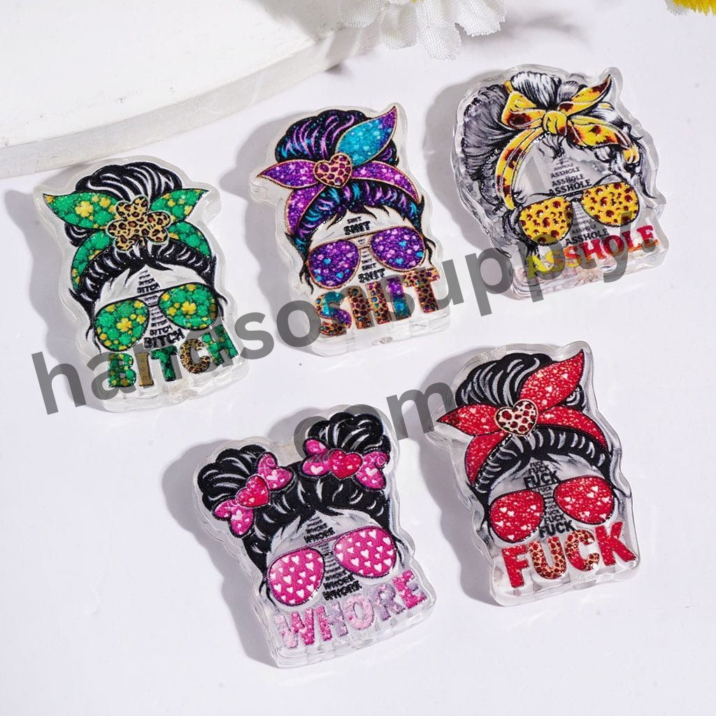 Cute Girl Wearing Glasses & Headband with Funny Humor Text Acrylic Beads, Multi-Color Random Mix