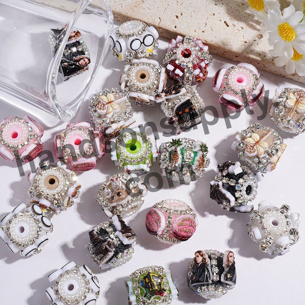 Whimsical Wizard Boy Character & Magical Tool Series with Rhinestone Chains & White Pearl Loop Handmade Acrylic Beads, 21MM Random Mix