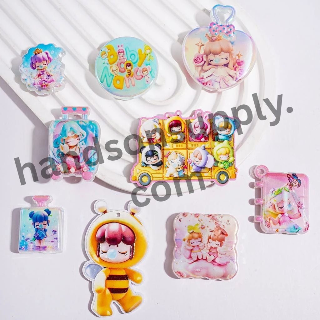 UV-Coated Elegant Traditional-Style Girl Character Acrylic Beads & Pendants, Assorted Designs, Random Mix
