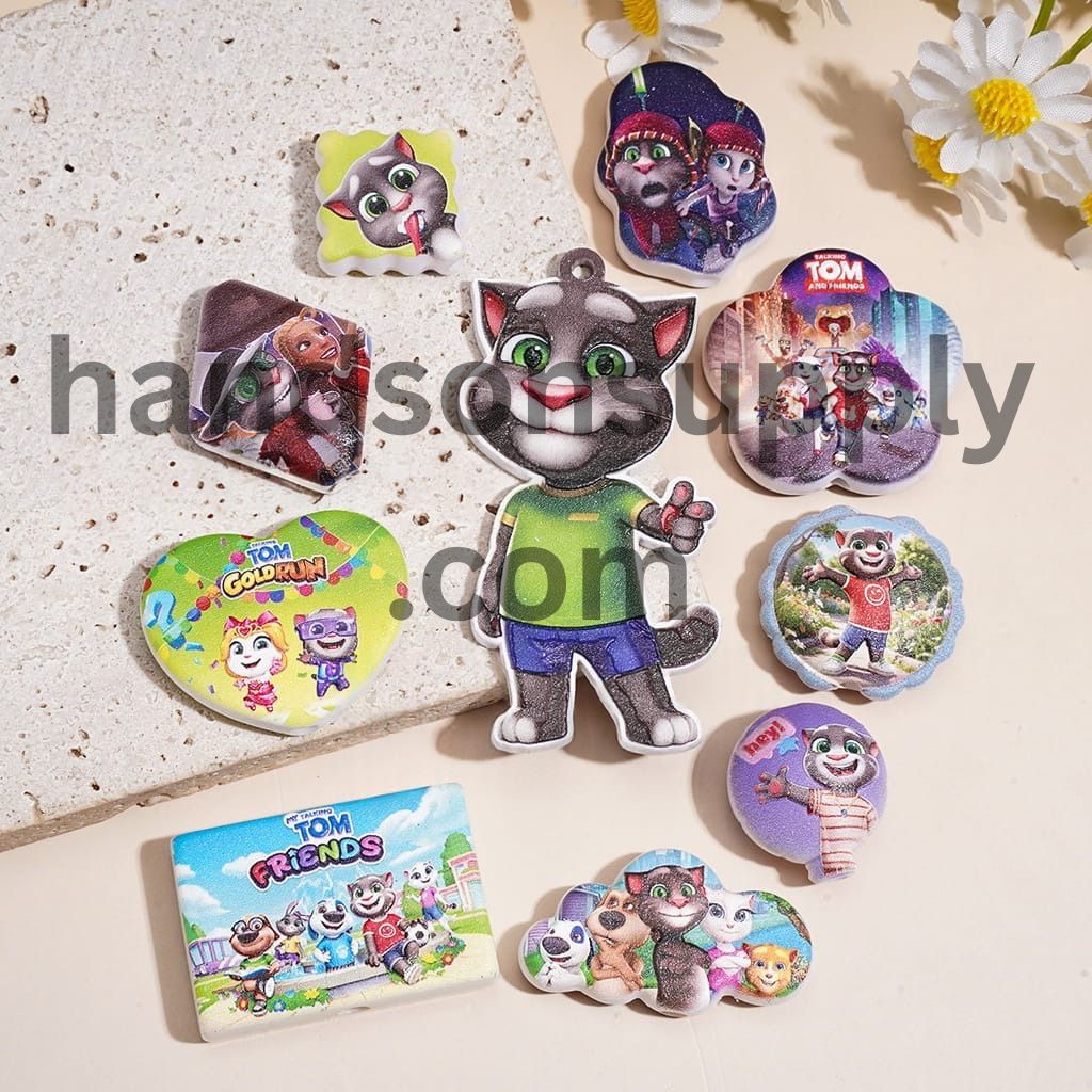 Cute Cartoon Talking Black Game Cat & Friends Theme Printed Acrylic Beads Pendants, Assorted Shapes, Random Mix