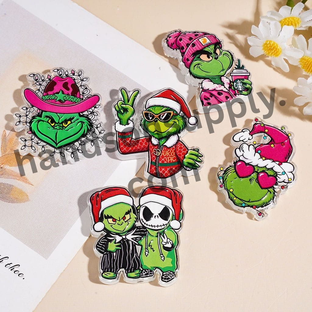 Green Monster Character with Santa Hat Christmas Theme, Acrylic Beads, Random Mix