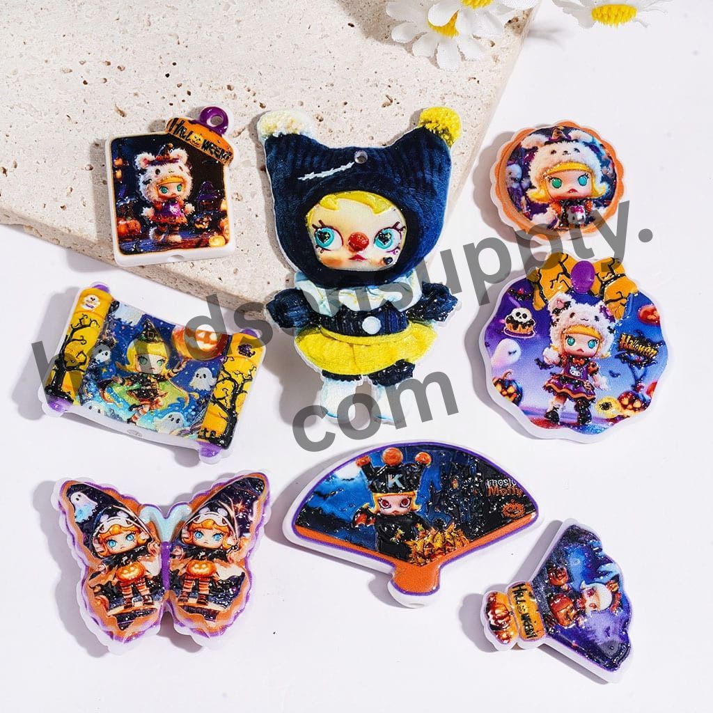Cute Halloween Cool Baby Witch Girl Costume Doll Character Acrylic Beads for Pendants, Assorted Designs, Random Mix