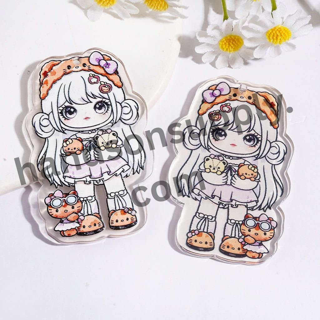 Cute Anime White Haired Girl Holding Cute Cat Character Semi-Color, Single-Sided Print Acrylic Pendants,