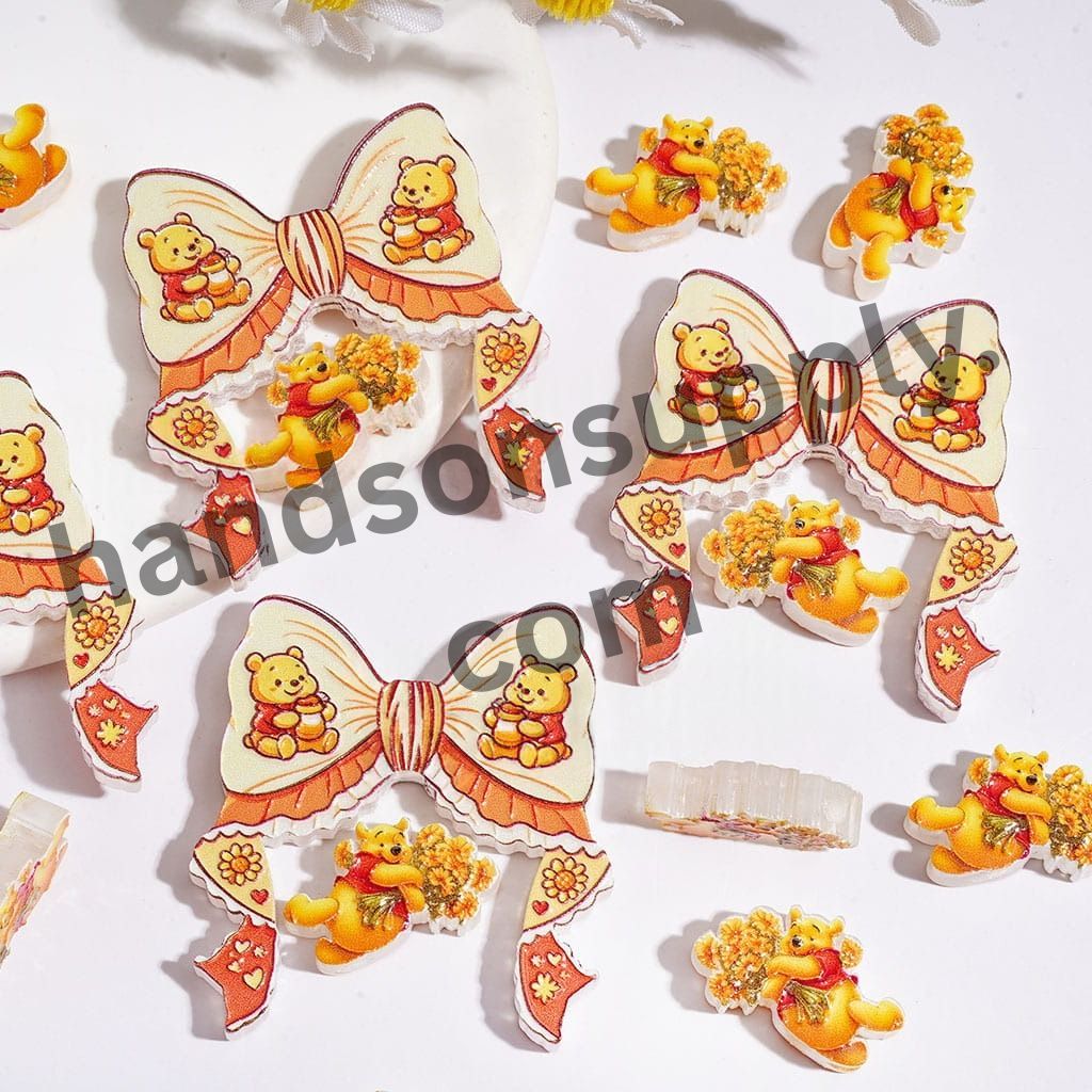 Honey Bear Ribbon Bow with Bear Character Piece & Flower Bouquet, Yellow Series Acrylic Beads, (Please Read Description)