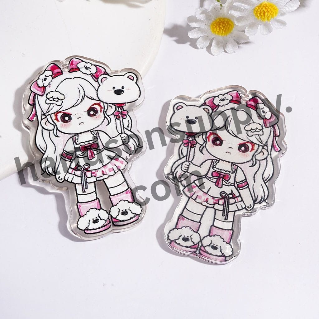Cute White-Haired Girl Character Wearing Hairband with Pink Bows & Cute Dog & Holding Bear Balloon , Semi-Color, Single-Sided Print Acrylic Pendants