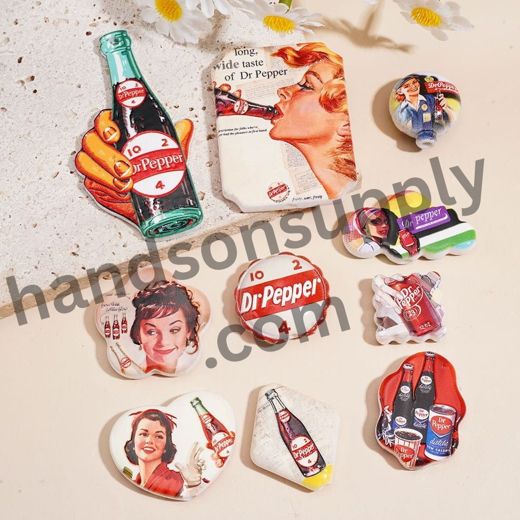 Retro Carbonated Soda Bottle Theme Acrylic Beads Charm Pendants, Various Shapes, Random Mix