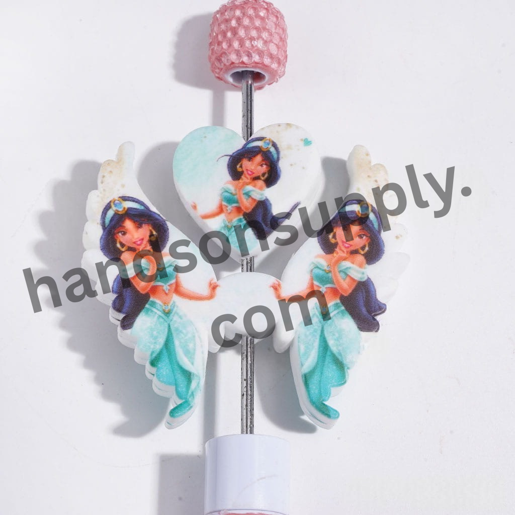 Princess Silicone Focal Beads with Teal Dress, Heart and Wings, 40*46MM