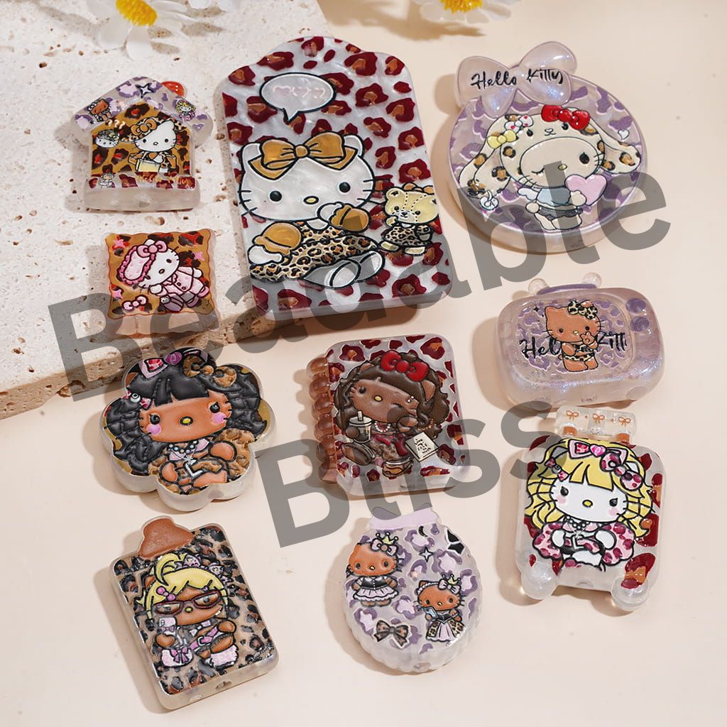 Acrylic Beads Charm Pendant w Leopard Print Cute Cat Character Design, Glossy Clear Finish in Variant Shapes