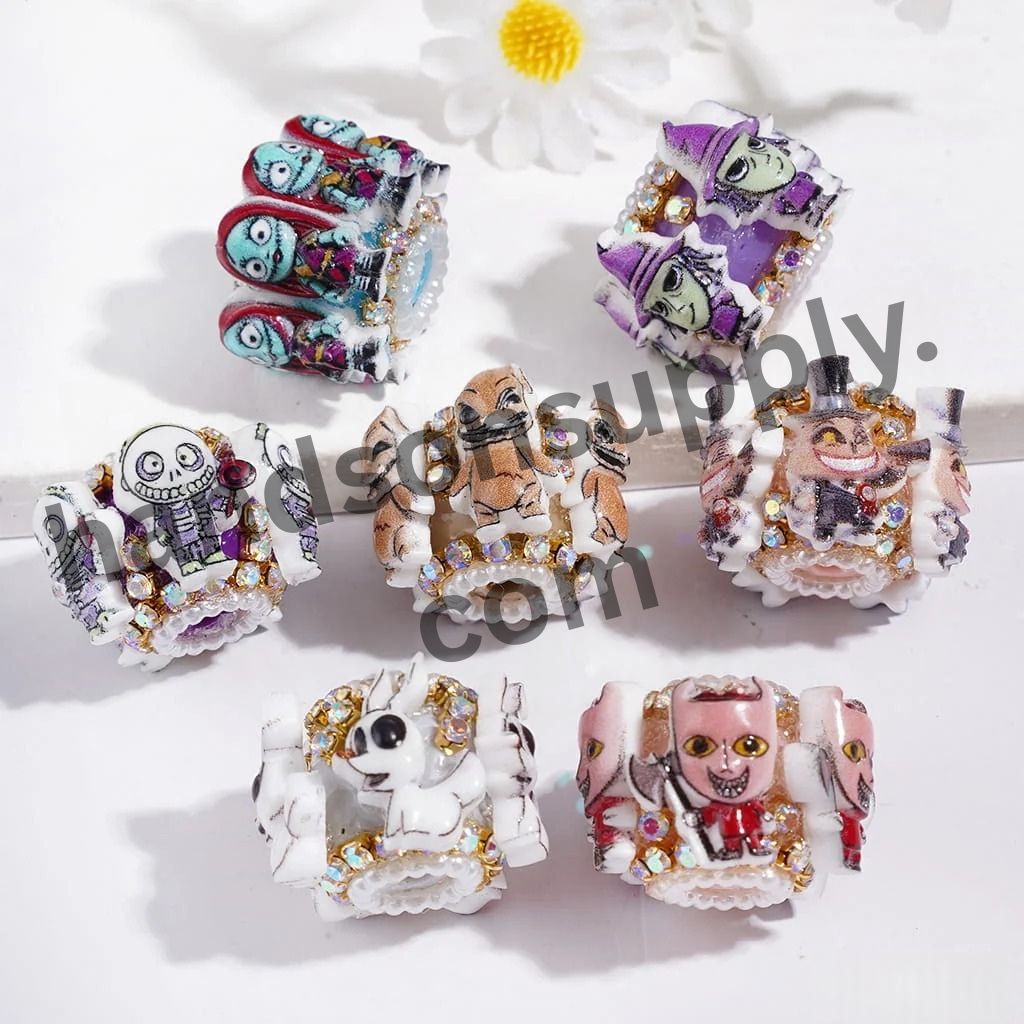 Spooky Halloween Skull Skeleton Couple with AB Rhinestone Chains & White Pearl Loop Handmade Acrylic Beads, 20MM, Random Mix