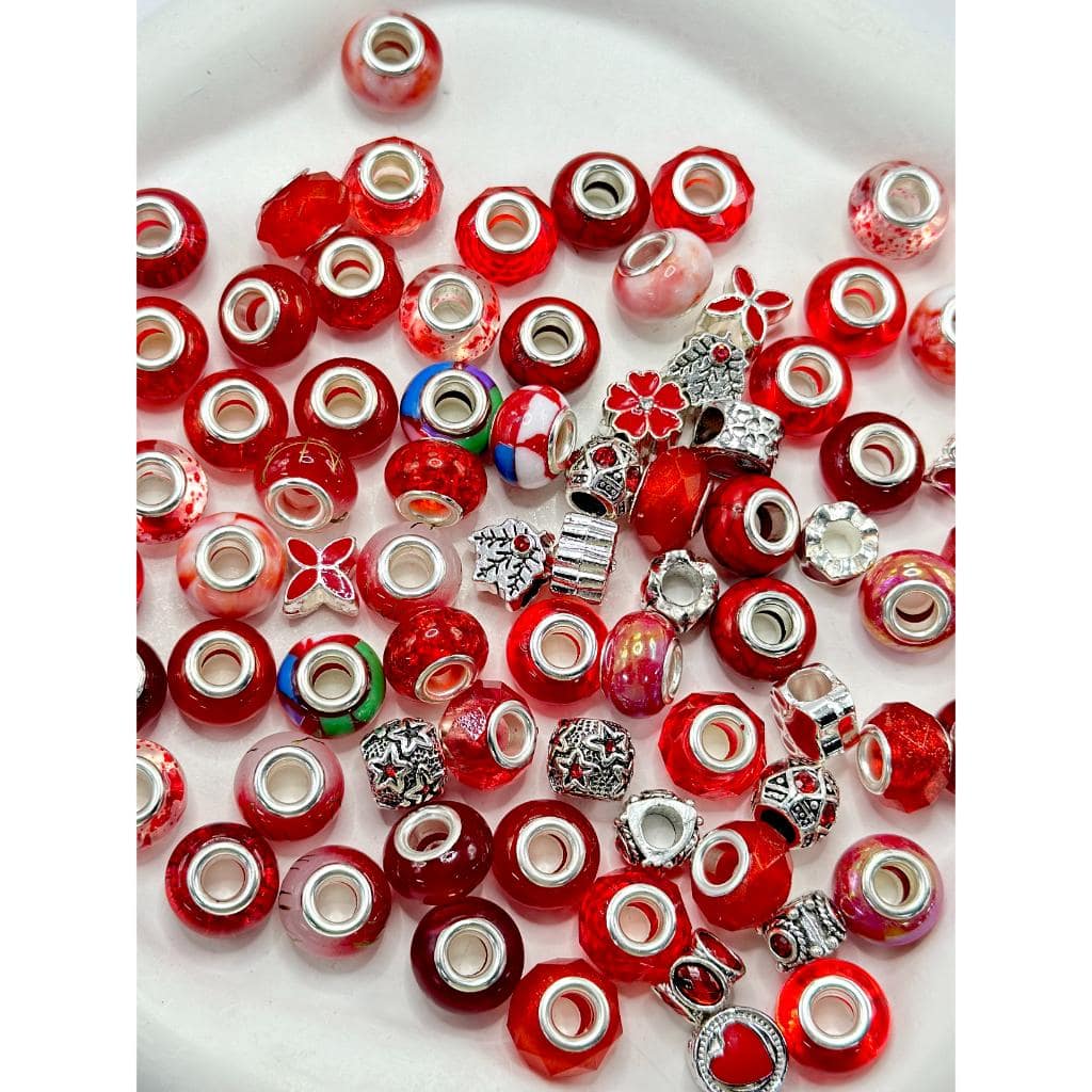 Mix of Metal and Red Acrylic Beads with Big Hole, 80Pcs
