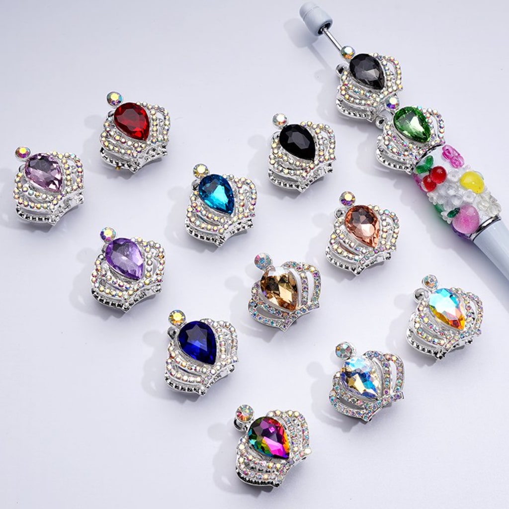 Alloy Bling Bling Silver Crown with Mini AB Rhinestones Colorful Water Drops Beads, Around 24*23MM