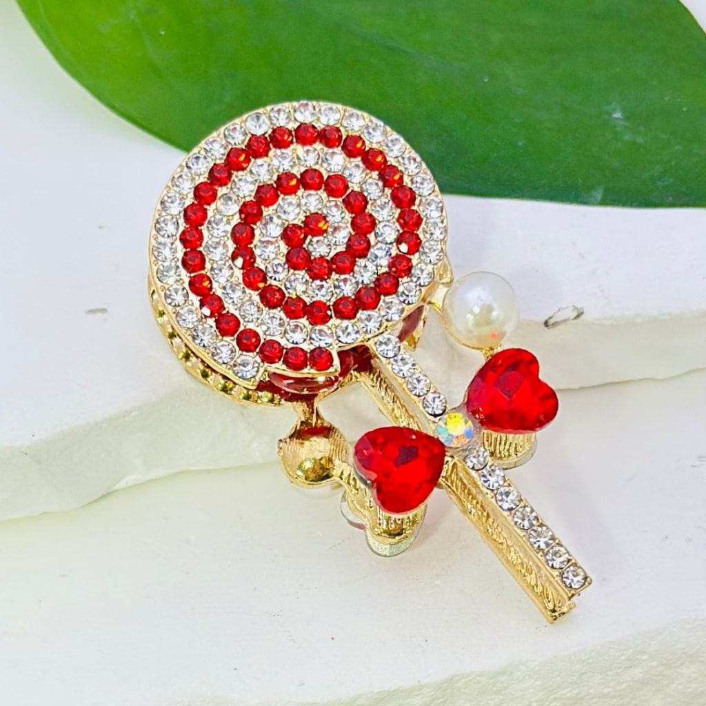 Rose Gold Alloy Fancy Bling Bling Lollipop with Colorful Shiny Rhinestones, Heart Diamonds, White Pearls, and Clay Beads, Around 54*28mm