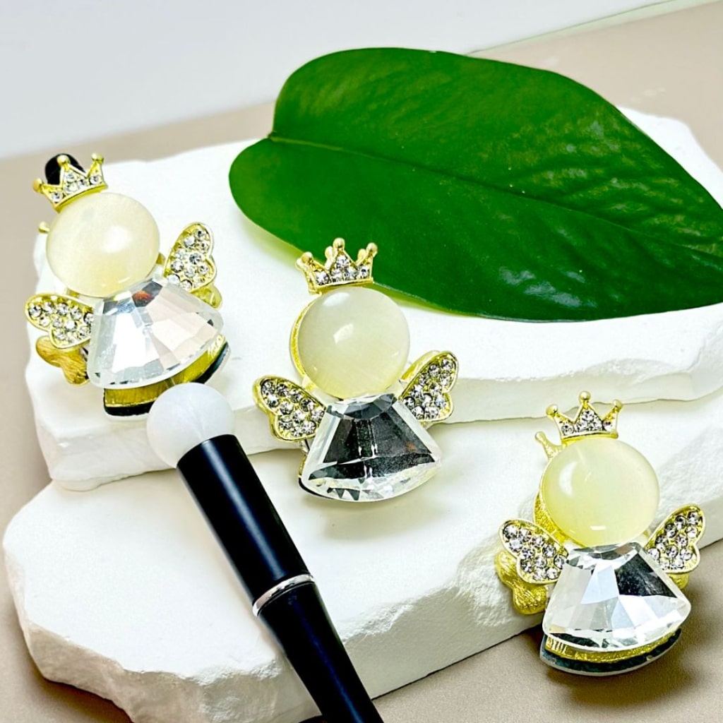 Gold Alloy Exquisite Angel with Crown, Clear Rhinestones, Large Clear Diamond, Oval Pearls, and Clay Beads Around 46*35MM