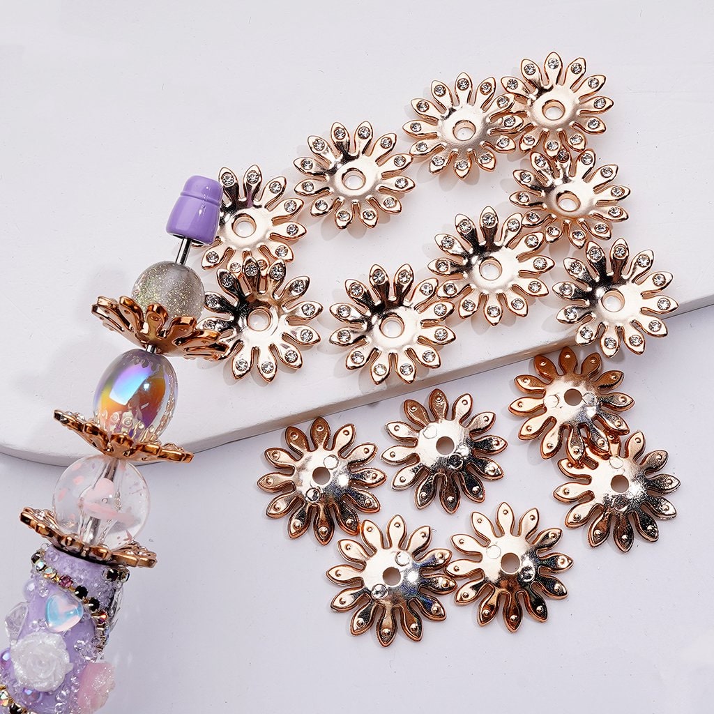 Mini Gold Acrylic Flower Spacer Jewelry Accessory with Clear Rhinestones, Random Mix, Approx. 24MM