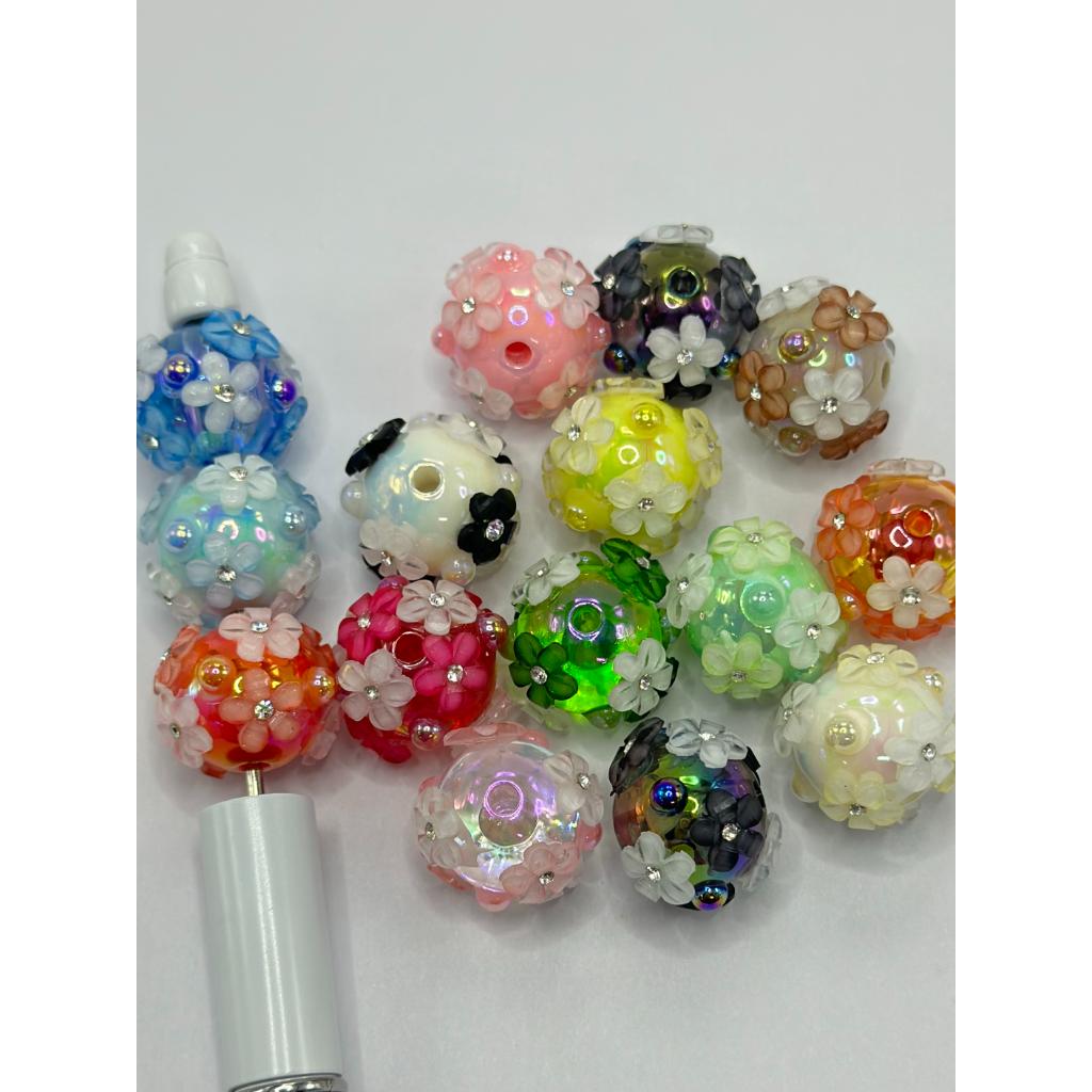 See Thru Clear & Glossy Solid Color Acrylic Beads with Small Flowers, Rhinestones & Flat Back Pearls, 16mm, FCH, Random Mix