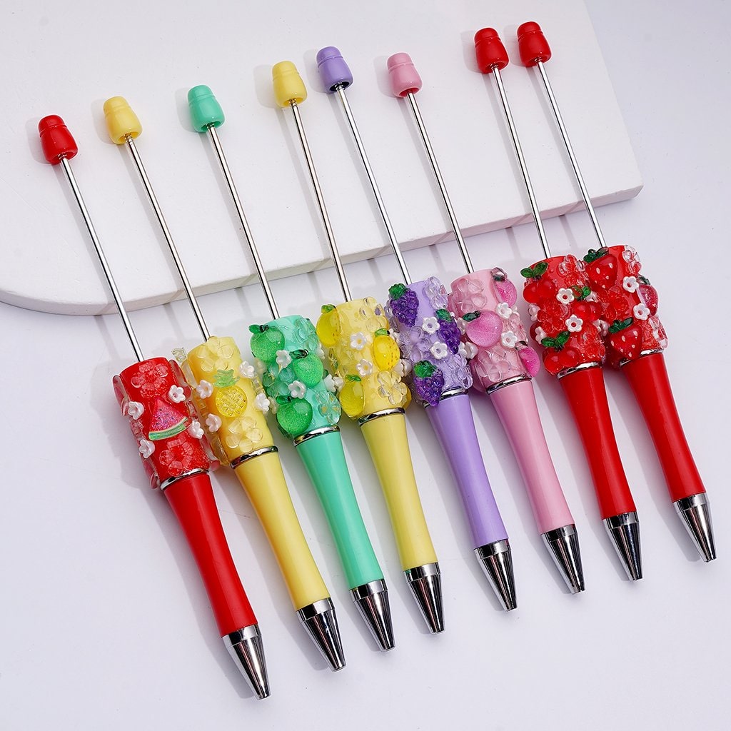 Beadable Pen with Assorted Fruit Charms Strawberry, Grape, Pineapple, Apple, and More, Random Mix