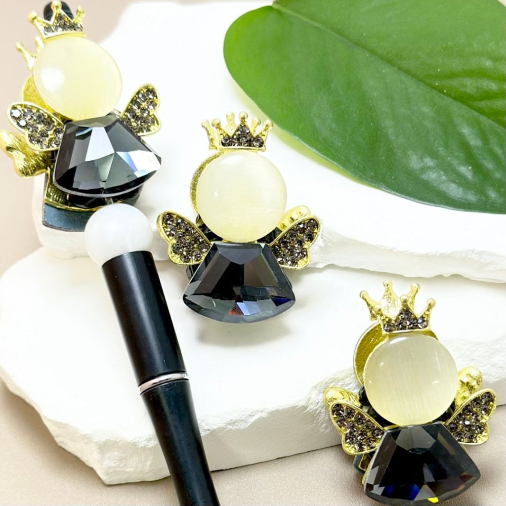 Gold Alloy Exquisite Angel with Crown, Black Rhinestones, Large Black Diamond, Oval Pearls, and Clay Beads Around 46*35MM
