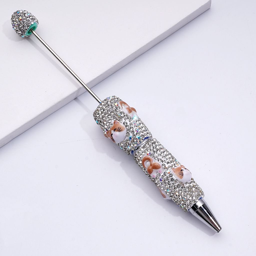 Clay Beadable Pens Adorned with Colorful Flowers, Sparkling Rhinestones & Tiny Black Snowballs