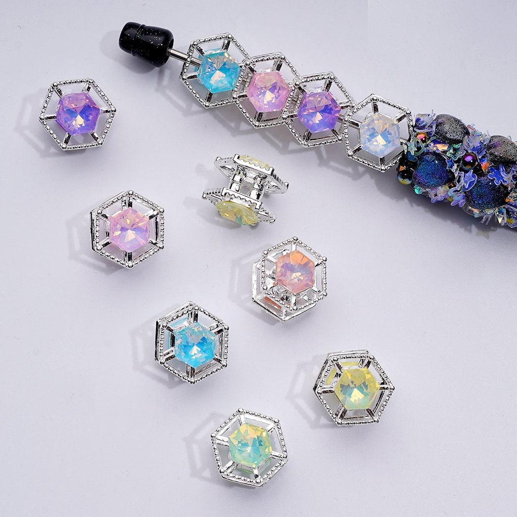 Elegant Silver Alloy Hexagonal Frame Beads Adorned with Vibrant Multi-Color Rhinestones, Approx. 15MM