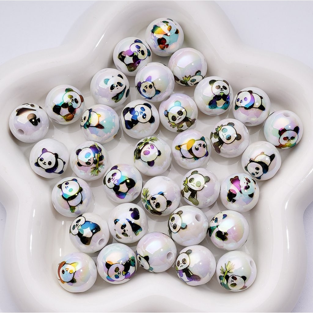 Adorable Panda Design White Acrylic Beads with UV Finish 16MM Round Random Mix