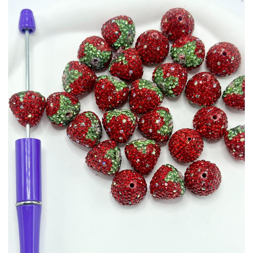 Small Strawberry Clay Beads with Clear Rhinestones, 16MM by 17MM,With Hole