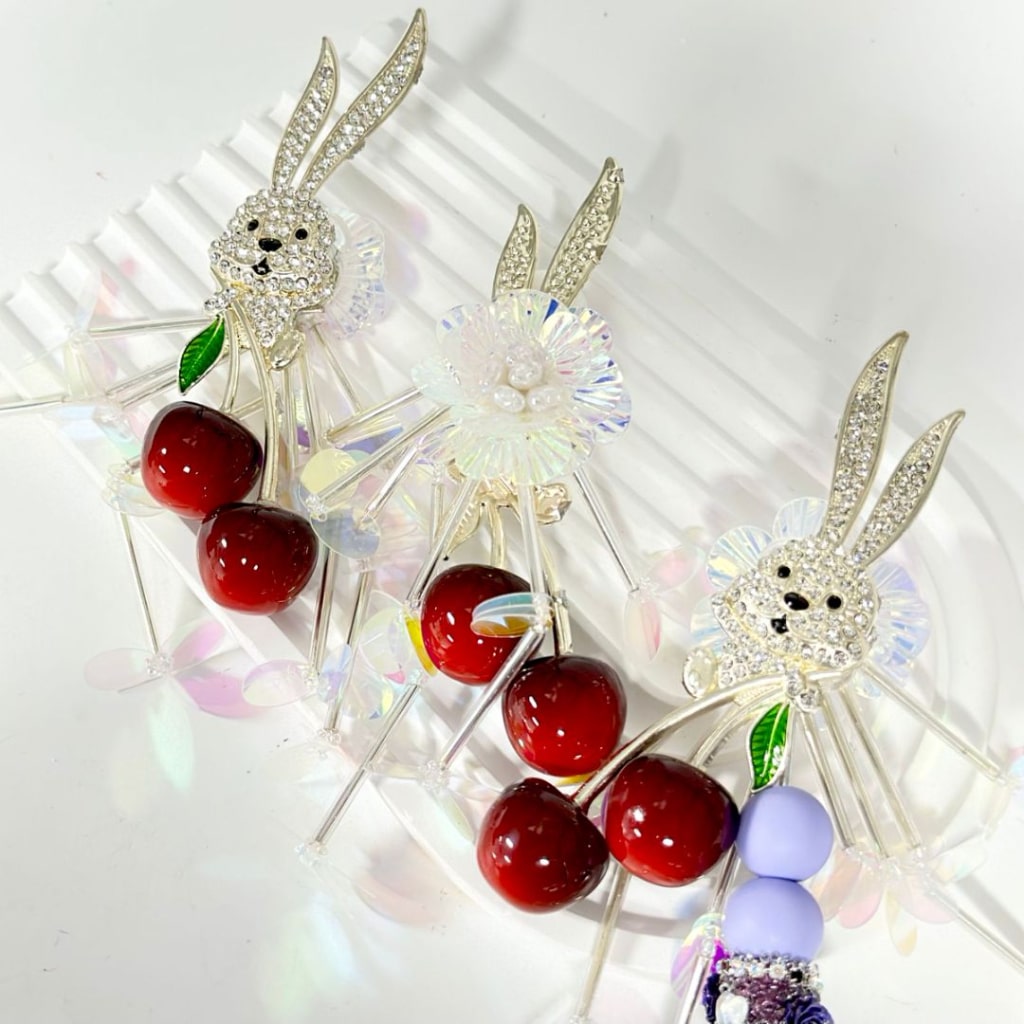 Exquisite Gold Alloy Bunny Rabbit with Cherries, White Heart Pearls, Bling Bling Flakes, Mini Clear Rhinestones, and White Clay Beads, Around 114*35MM